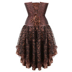 Brown Medieval Gothic Steampunk Faux Leather Overbust Corset with Skirt – Plus Size Pirate Costume Dress