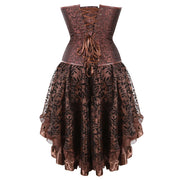 Brown Medieval Gothic Steampunk Faux Leather Overbust Corset with Skirt – Plus Size Pirate Costume Dress