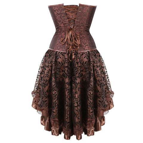 Brown Medieval Gothic Steampunk Faux Leather Overbust Corset with Skirt – Plus Size Pirate Costume Dress