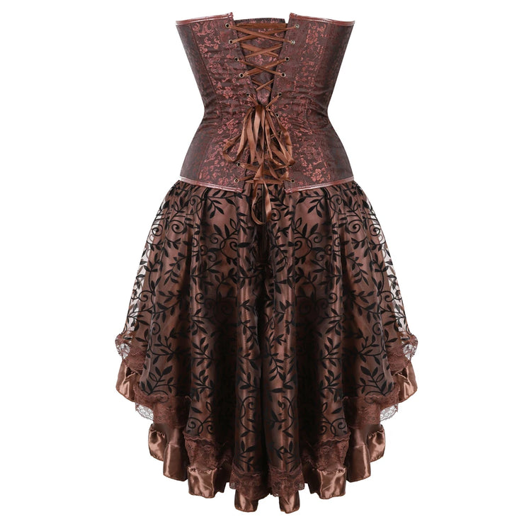 Brown Medieval Gothic Steampunk Faux Leather Overbust Corset with Skirt – Plus Size Pirate Costume Dress