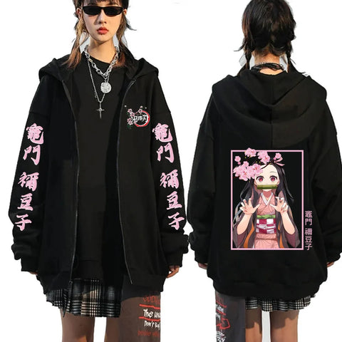 Anime Demon Slayer Zip Up Hoodies Kamado Nezuko And Kamado Tanjirou Print Men Women Harajuku Sweatshirt