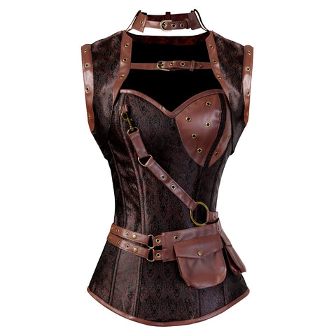 Steampunk Corsets for Women Gothic Corset Bustier Zipper Plus Size Vintage Faux Leather Corset Top Brown Plus Sizes