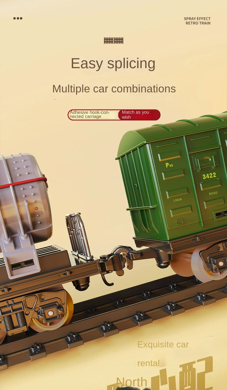 Retro Steam Train Track Set – Electric Locomotive with Smoke, Lights, Sound, Cargo Cars & Tracks for Kids