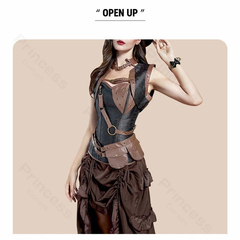 Steampunk Pirate Costume for Women – Cagalli Yulia cosplay Leather Corset Top with Drawstring Skirt Plus Size
