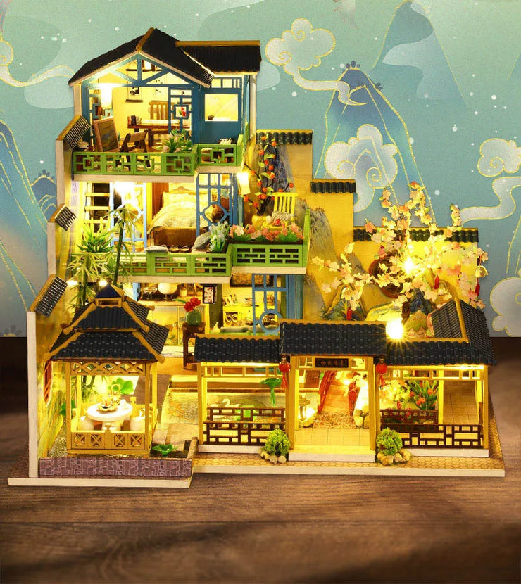 Big DIY Wooden Dollhouse with Furniture & Lights – Chinese Style Villa Miniature Kit