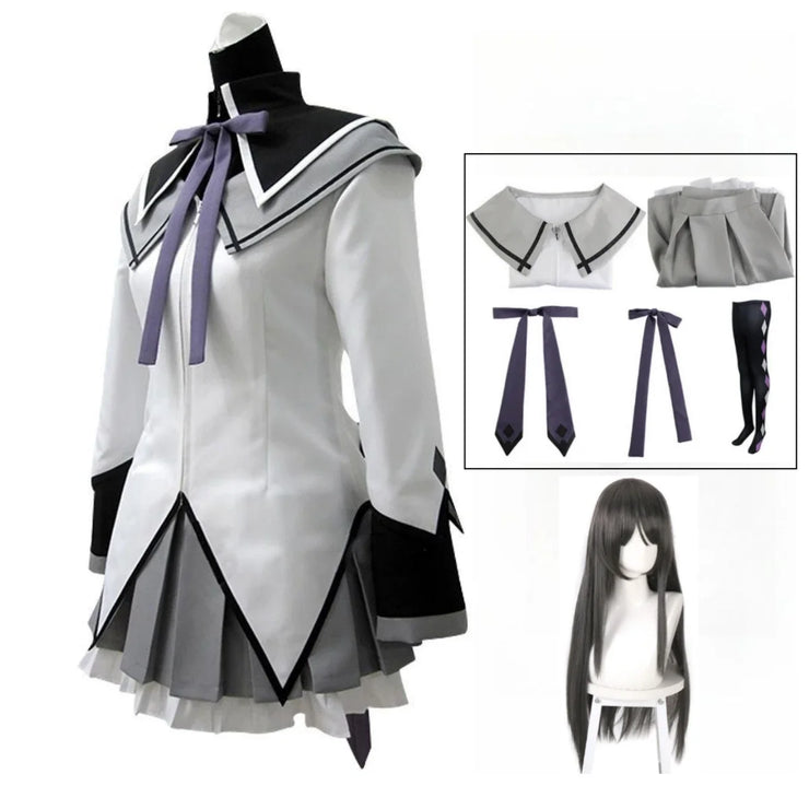 Akemi Homura Cosplay Costume – Puella Magi Madoka Magica Combat Dress with Bow, Wig, and Uniform for Halloween or Party Events