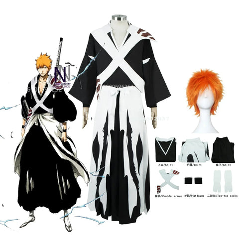 Bleach Thousand-Year Blood War Kurosaki Ichigo Cosplay Costume Wig Shinigami Attire Pauldron Outfit For MenHalloween New Party