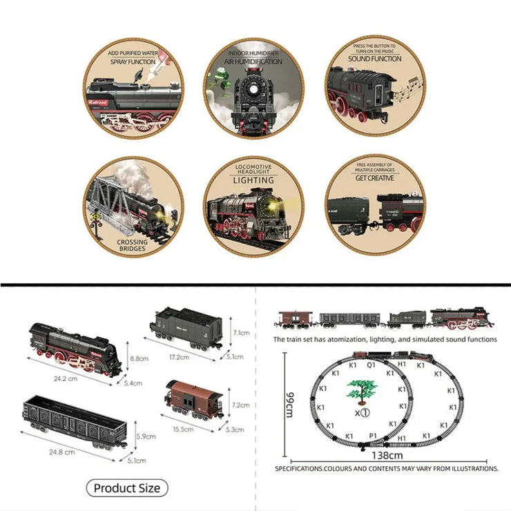 Retro Electric Steam Train Set – Classic Model with Tracks, Smoke, Sound & Light for Kids