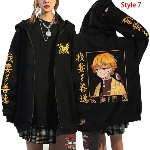 Demon Slayer Anime Zippper Jacket Agatsuma Zenitsu Print Hooded Men Women Manga Zip Hoodies Harajuku Male Oversized Sweatshirt
