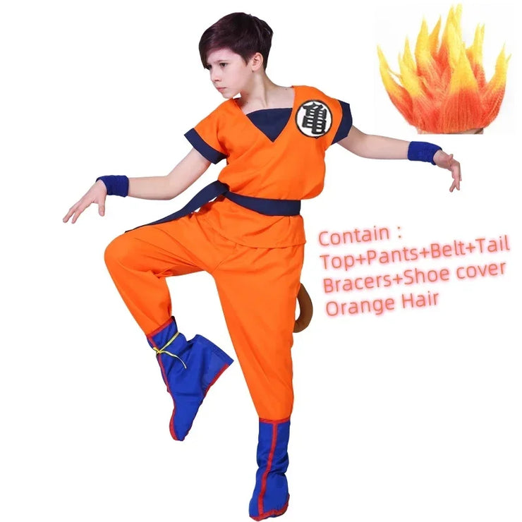 Son Goku and Krillin Cosplay Costumes – Halloween Suits with Tail, Wristband, and Super Saiyan Wig for Adults and Kids