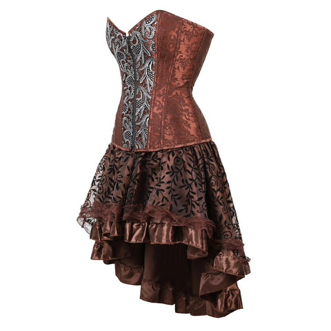 Brown Medieval Gothic Steampunk Faux Leather Overbust Corset with Skirt – Plus Size Pirate Costume Dress