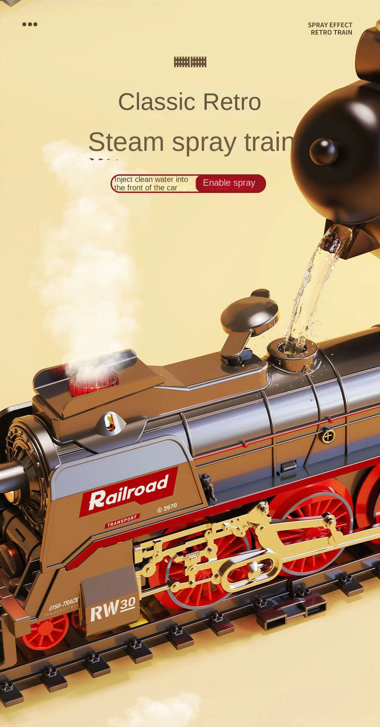 Retro Steam Train Track Set – Electric Locomotive with Smoke, Lights, Sound, Cargo Cars & Tracks for Kids
