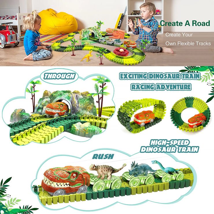 Dinosaur World Road Race Track Set – Flexible Track with Dinosaur Toys and Racing Car for Kids