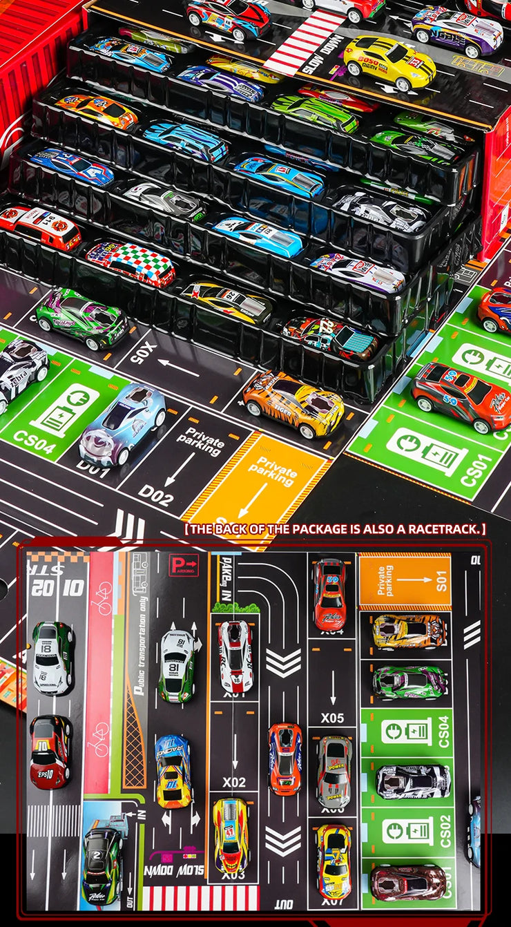 48-Piece Mini Racing Car Set with Play Map & 4-Level Garage – Gift Box Edition for Kids