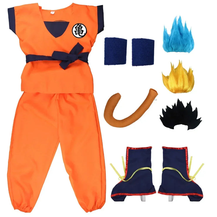 Son Goku and Krillin Cosplay Costumes – Halloween Suits with Tail, Wristband, and Super Saiyan Wig for Adults and Kids