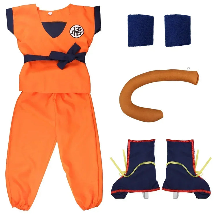 Son Goku and Krillin Cosplay Costumes – Halloween Suits with Tail, Wristband, and Super Saiyan Wig for Adults and Kids