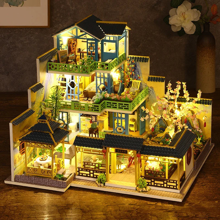 Big DIY Wooden Dollhouse with Furniture & Lights – Chinese Style Villa Miniature Kit