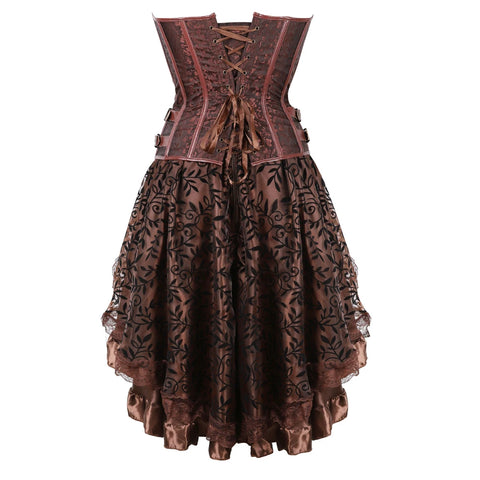 Brown Medieval Gothic Steampunk Faux Leather Overbust Corset with Skirt – Plus Size Pirate Costume Dress