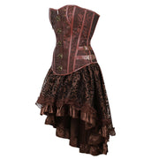 Brown Medieval Gothic Steampunk Faux Leather Overbust Corset with Skirt – Plus Size Pirate Costume Dress