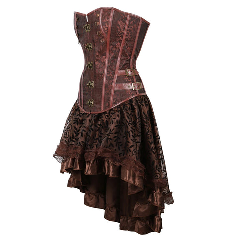 Brown Medieval Gothic Steampunk Faux Leather Overbust Corset with Skirt – Plus Size Pirate Costume Dress