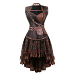 Brown Medieval Gothic Steampunk Faux Leather Overbust Corset with Skirt – Plus Size Pirate Costume Dress