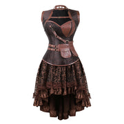 Brown Medieval Gothic Steampunk Faux Leather Overbust Corset with Skirt – Plus Size Pirate Costume Dress