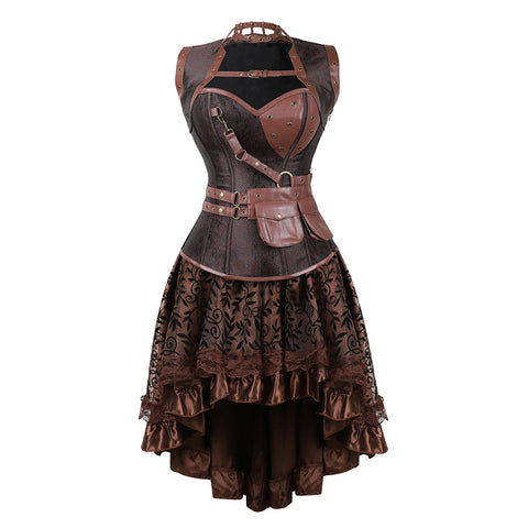 Brown Medieval Gothic Steampunk Faux Leather Overbust Corset with Skirt – Plus Size Pirate Costume Dress