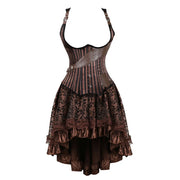 Brown Medieval Gothic Steampunk Faux Leather Overbust Corset with Skirt – Plus Size Pirate Costume Dress
