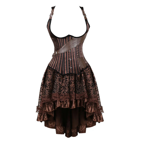 Brown Medieval Gothic Steampunk Faux Leather Overbust Corset with Skirt – Plus Size Pirate Costume Dress