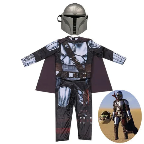 Boys Mandalorian Movie Mask Costume Printed Cartoon Warrior Armor Bodysuit Kids Fantasy Cosplay Costume Halloween
