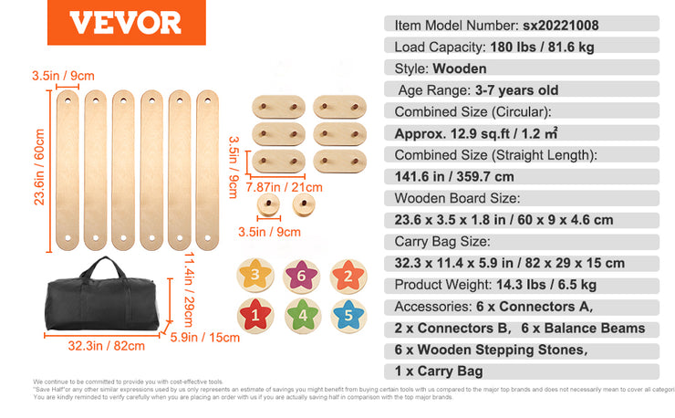 VEVOR Kids Balance Beam Stepping Stones Wooden Balance Boards
